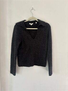$395 Vince Small Alpaca Wool Gray Charcoal Collared V-Neck Sweater